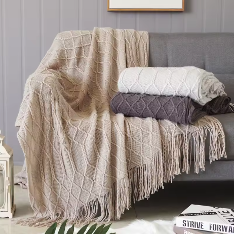 Nordic Knitted Throw Blanket with Tassels