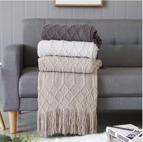 Nordic Knitted Throw Blanket with Tassels