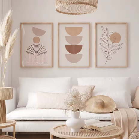 3-Piece Frameless Abstract Canvas Print Set (Beige Geometric Botanical Design)