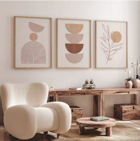 3-Piece Frameless Abstract Canvas Print Set (Beige Geometric Botanical Design)