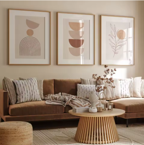 3-Piece Frameless Abstract Canvas Print Set (Beige Geometric Botanical Design)
