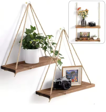 Wooden Hanging Shelf – Rope Wall-Mounted Floating Display