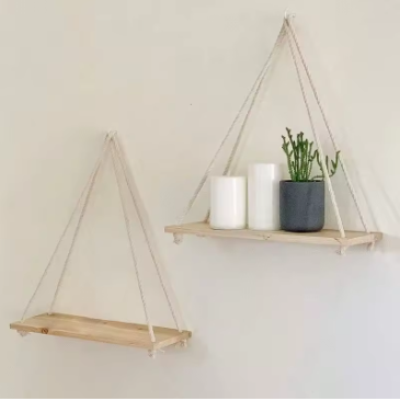 Wooden Hanging Shelf – Rope Wall-Mounted Floating Display