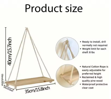 Wooden Hanging Shelf – Rope Wall-Mounted Floating Display